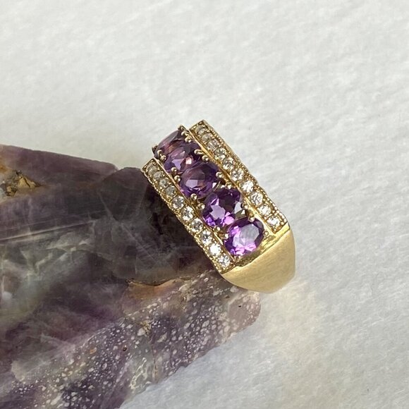 Gold Vermeil Sterling Silver 925 Prong Set Oval Amethyst CZ Wide Band Ring Sz 9 - Picture 6 of 16